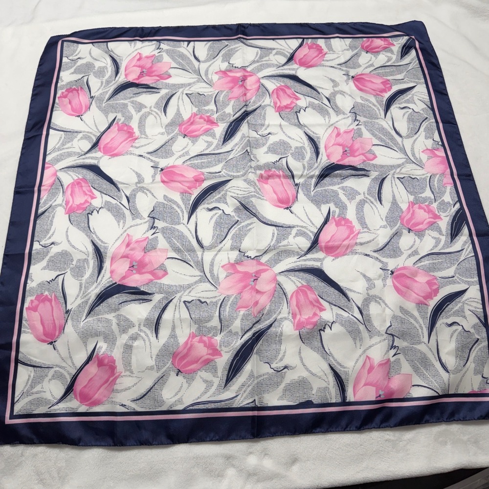 Navy Blue Pink Floral Square Scarf Large 30 Inch Botanical Print Neck Wrap Italy